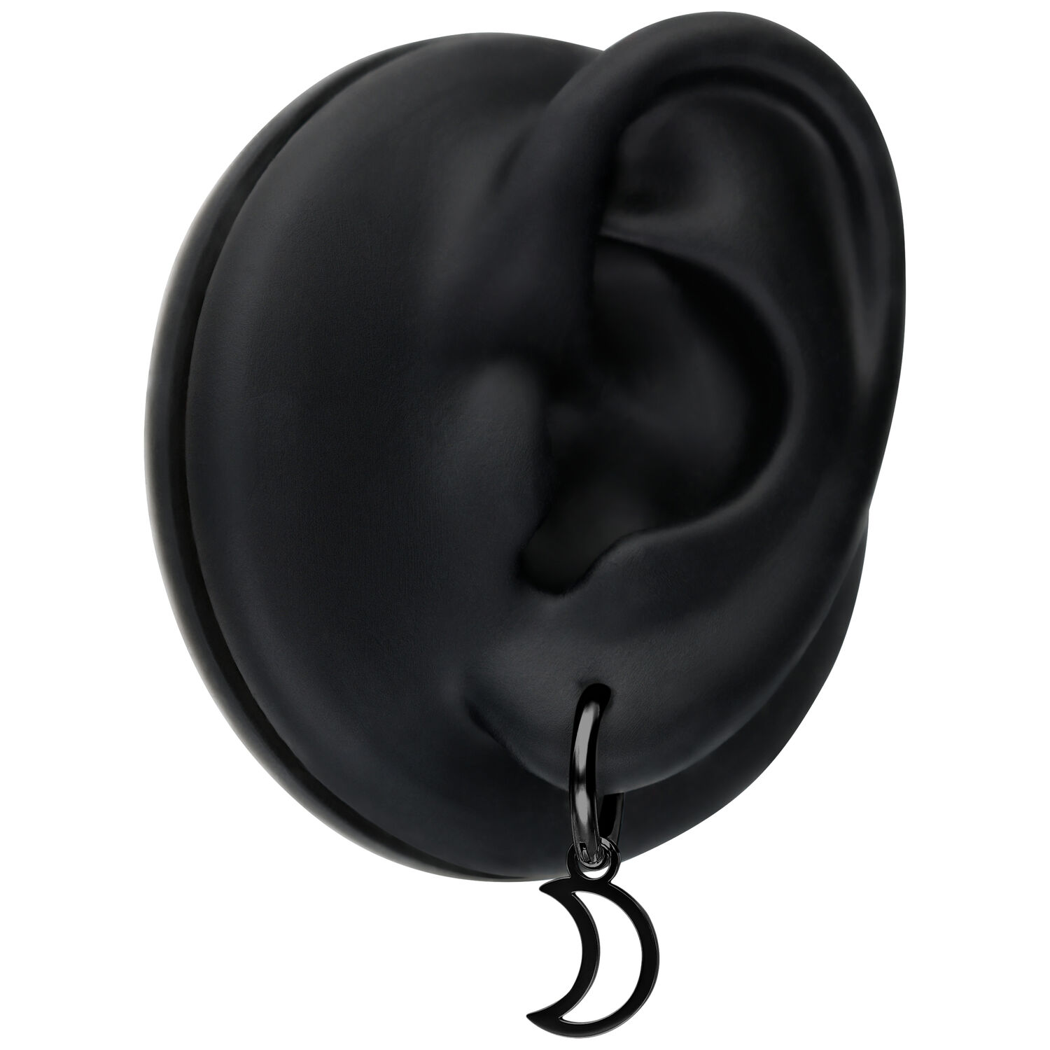 Orecchino Mini Moon Hoop nero all'orecchio su sfondo nero
