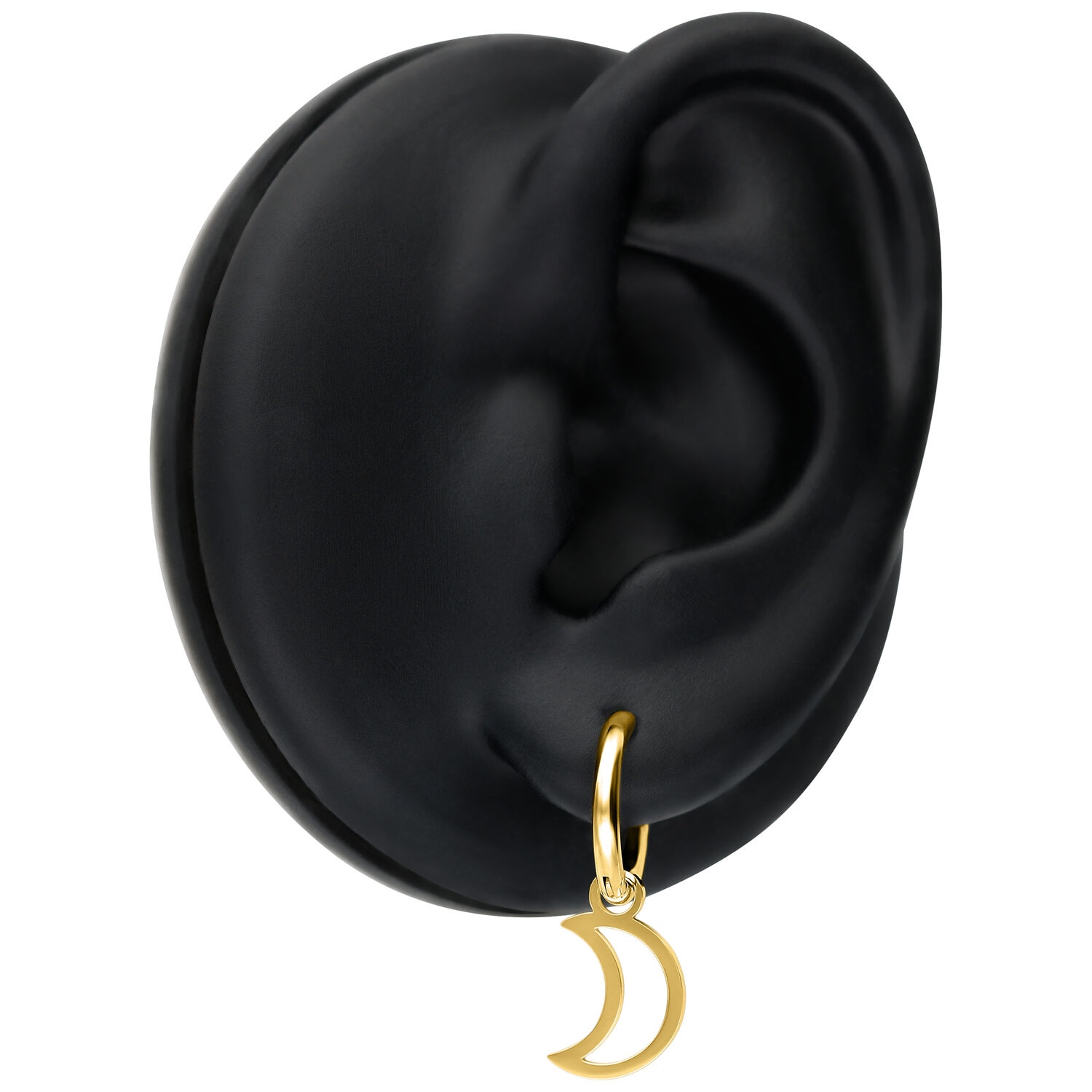 Orecchini Mini Moon in oro su modello di orecchio nero su sfondo bianco