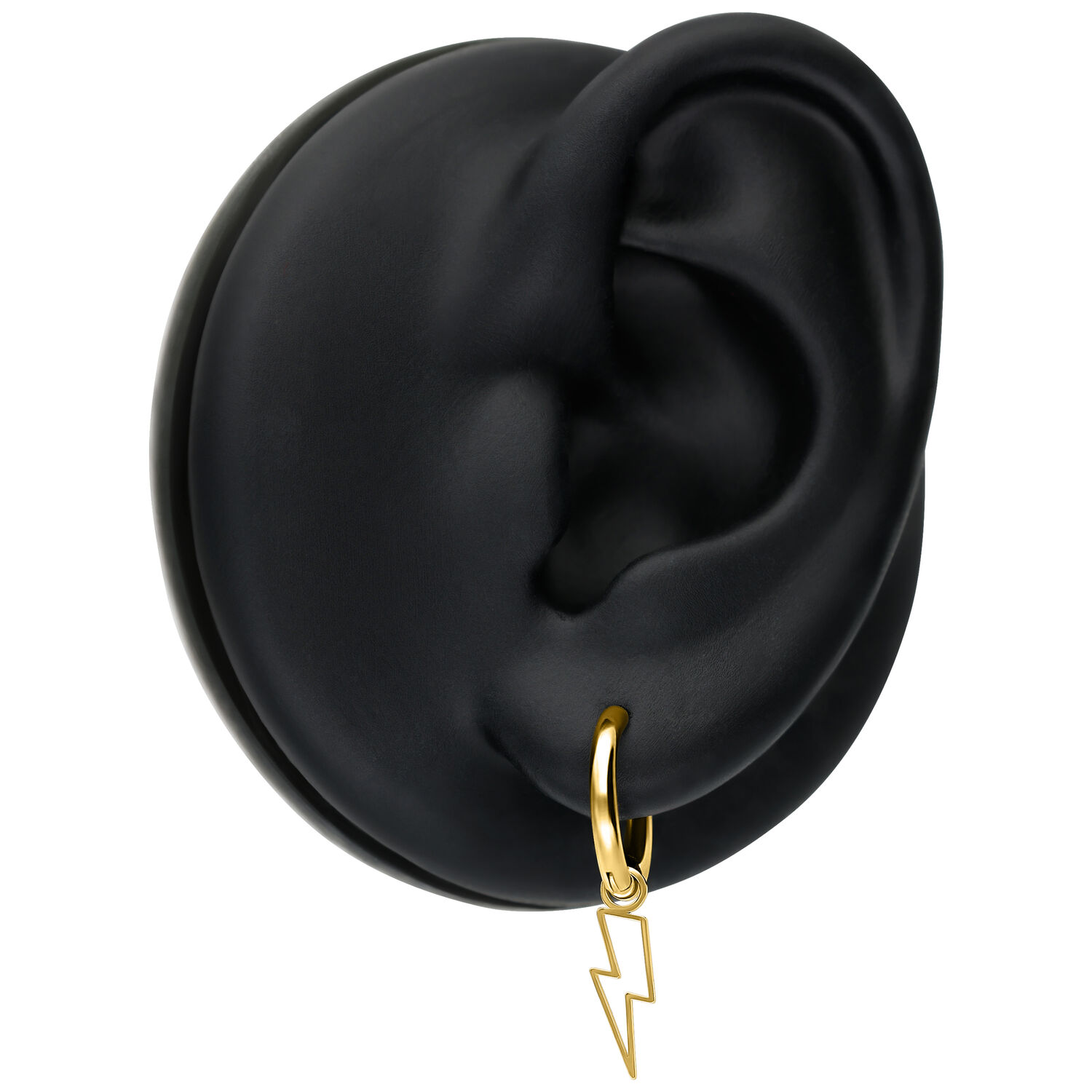 Orecchini Mini Flash Hoops dorati con ciondolo a fulmine su sfondo nero