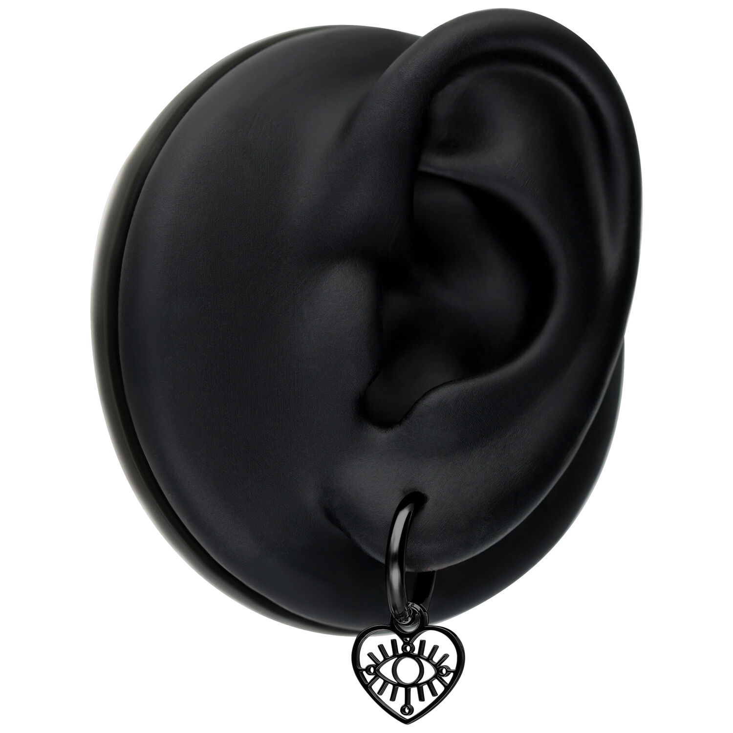 Orecchini neri con ciondolo a forma di cuore con occhi su modello di orecchio nero