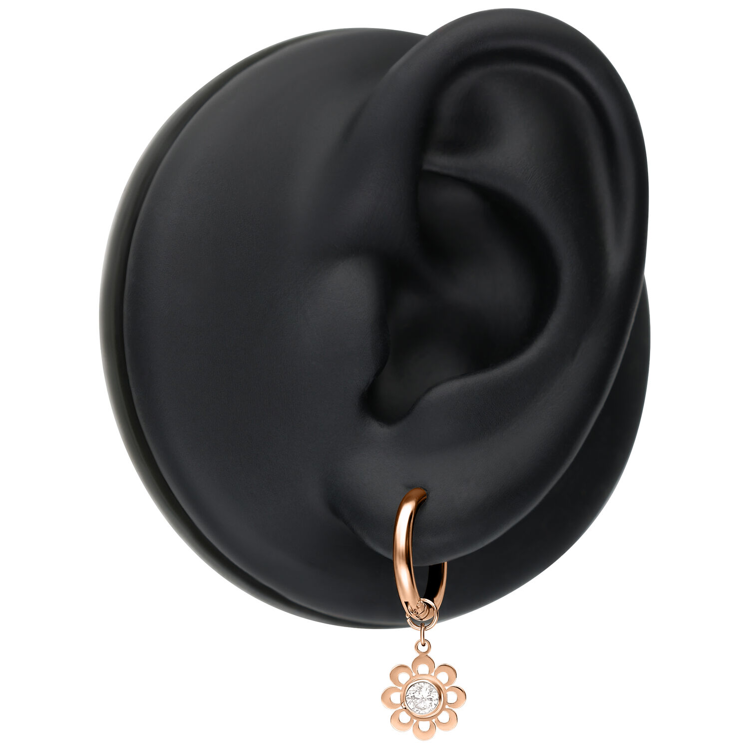 Mini Crystal Flower Hoops in oro rosa su modello di orecchio nero