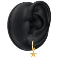 Mini Starfish Hoops Orecchini d'Oro Orecchini Starfish dorati su modello di orecchio nero davanti a sfondo neutro