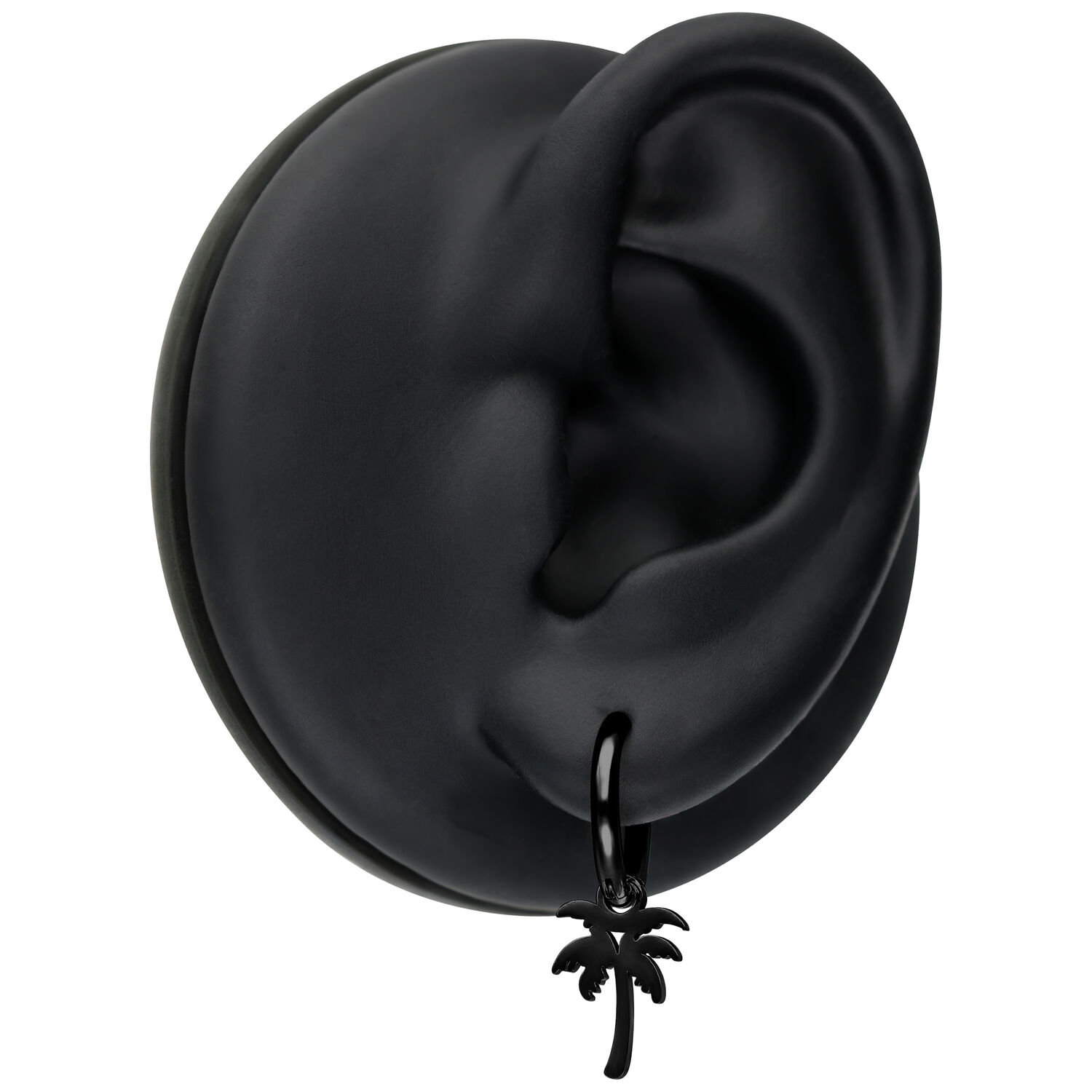Orecchini Mini Palm Hoops neri su modello di orecchio nero su sfondo bianco