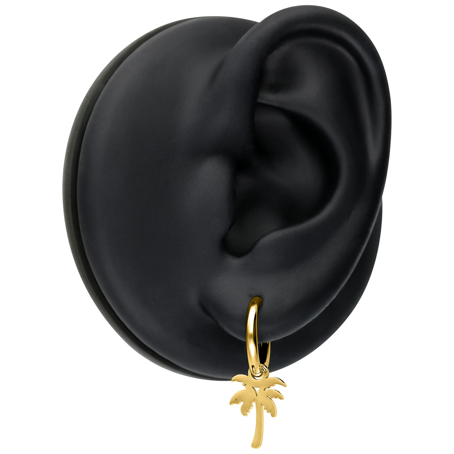 Orecchini Mini Palm Hoops Dorati su modello di orecchio nero su sfondo bianco