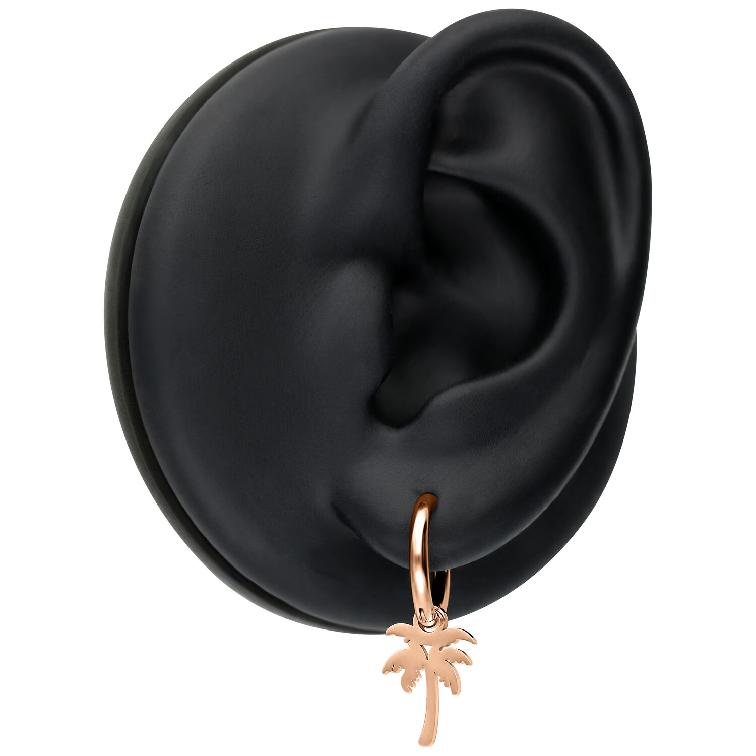 Orecchini Mini Palm Hoops in oro rosa su modello d'orecchio nero