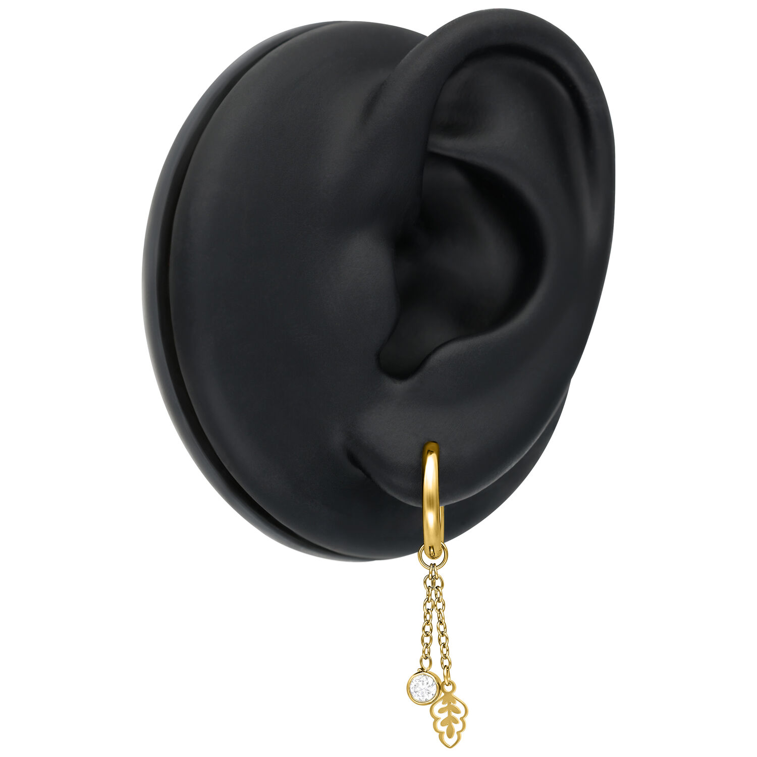 Mini Crystal Leaf Hoops Paio in Oro Mini cerchi in oro con pendente a foglia di cristallo su display nero per orecchini
