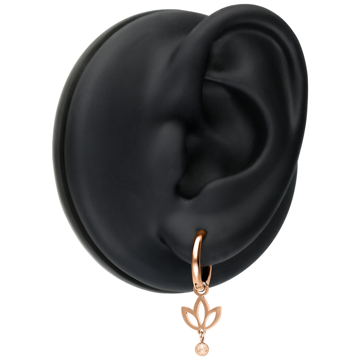 Mini orecchini Lotus in acciaio chirurgico in oro rosa su display nero