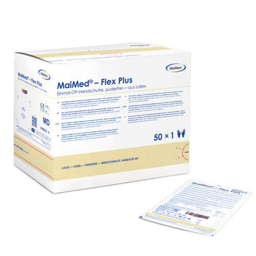 Confezione di guanti in lattice senza polvere MaiMed su sfondo bianco