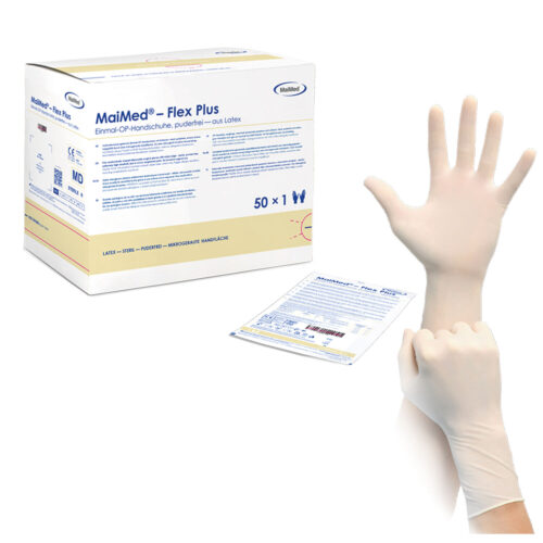 Guanti in lattice bianchi senza polvere del marchio MaiMed accanto alla confezione