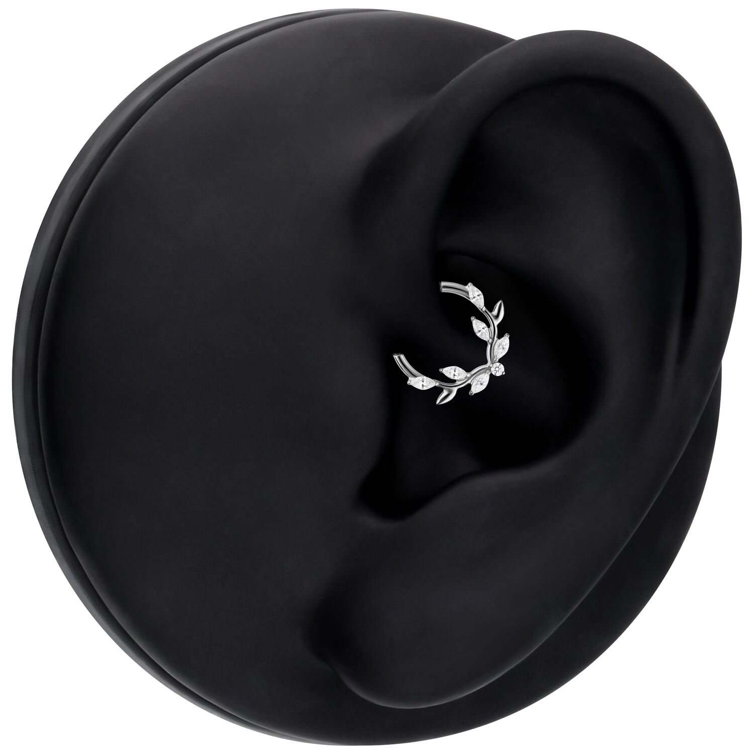 Clicker per setto nasale argento con design a foglia di cristallo su modello di orecchio nero