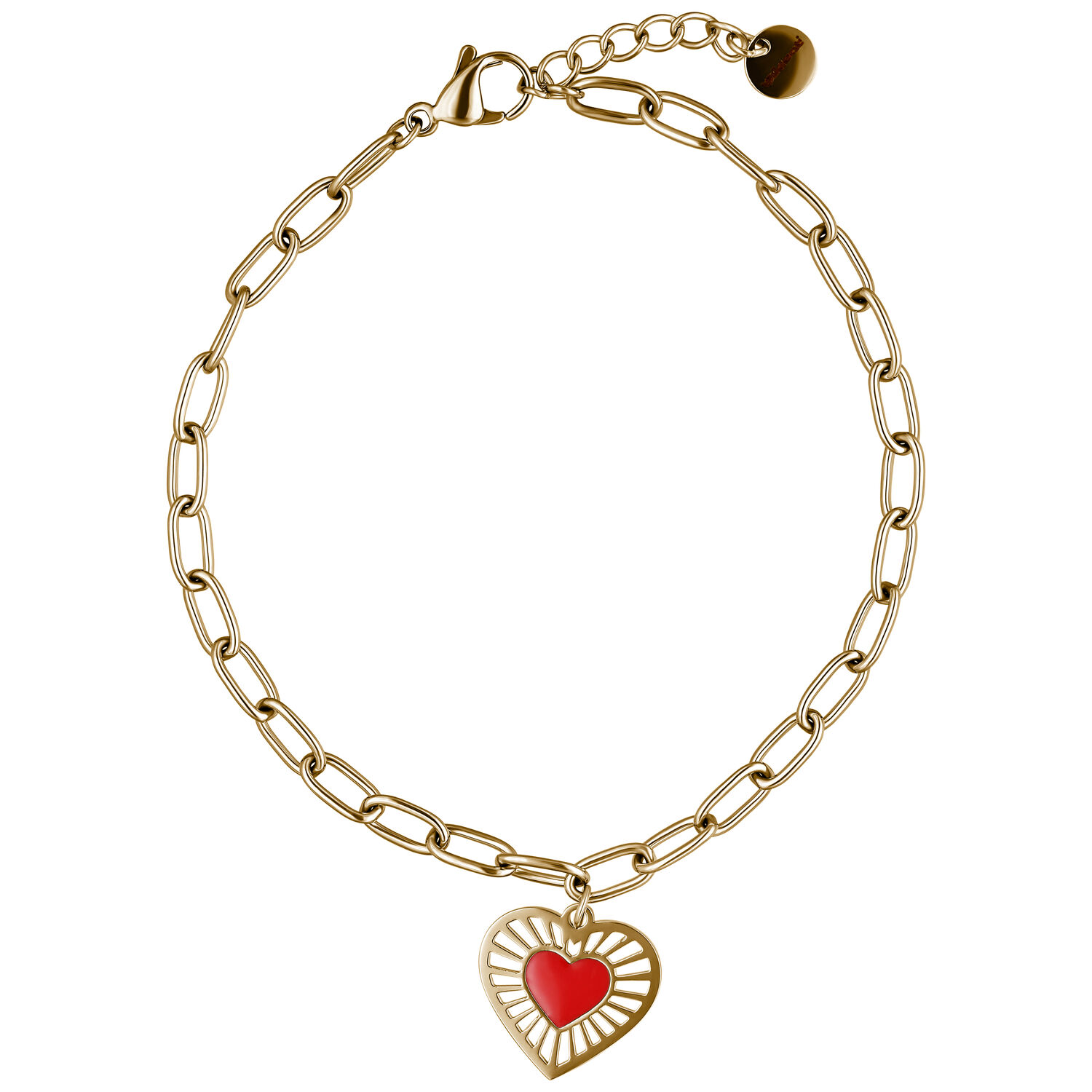 Bracciale dorato con ciondolo a cuore rosso su sfondo bianco