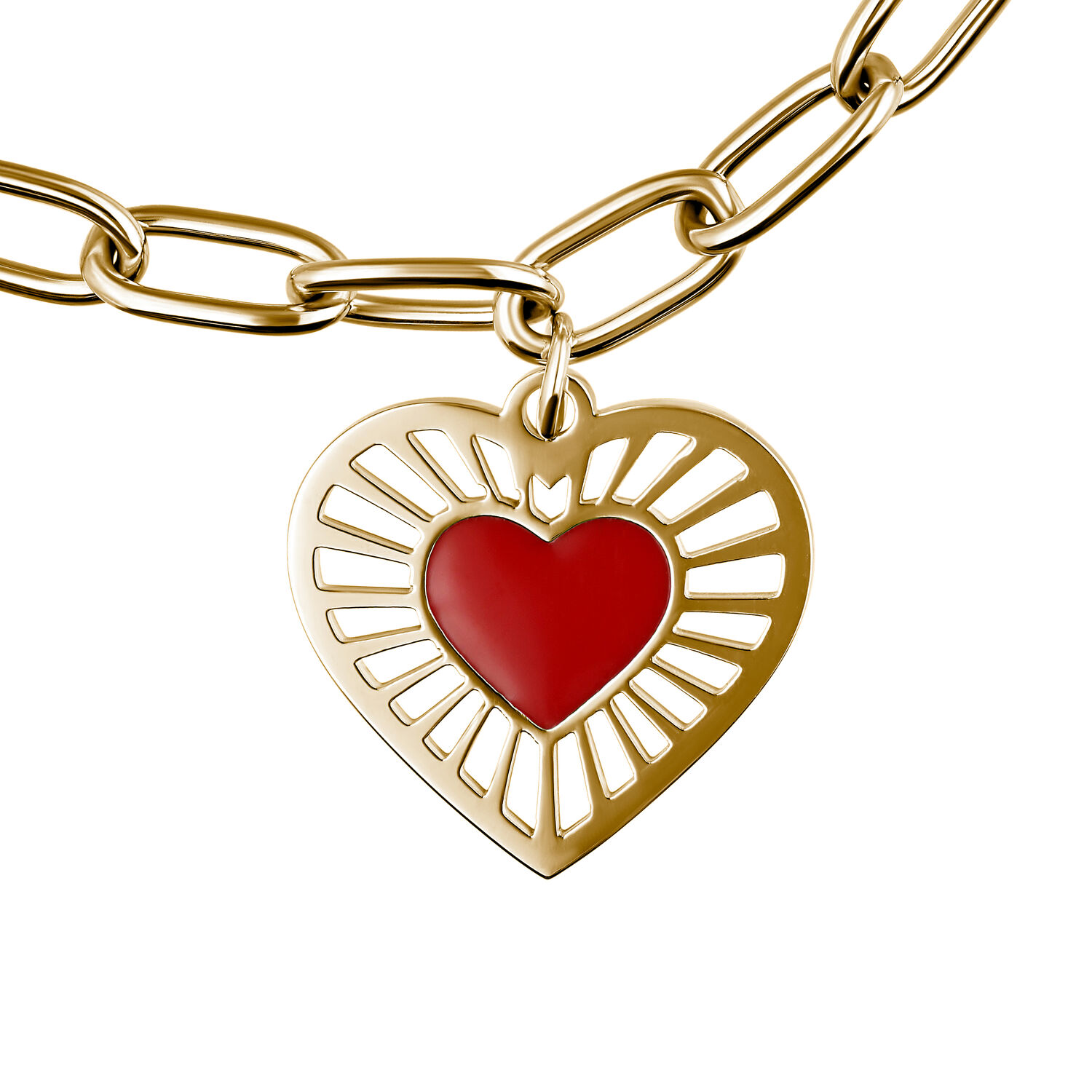 Braccialetto d'oro con ciondolo a cuore rosso su sfondo bianco