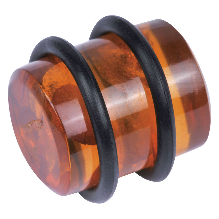 Amber Plug in pietra per piercing all'orecchio Plug color ambra in pietra con bordo nero, su sfondo bianco