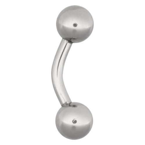 Banana in argento in acciaio chirurgico con due sfere su sfondo bianco