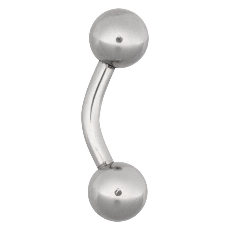 Banana in argento in acciaio chirurgico con due sfere su sfondo bianco