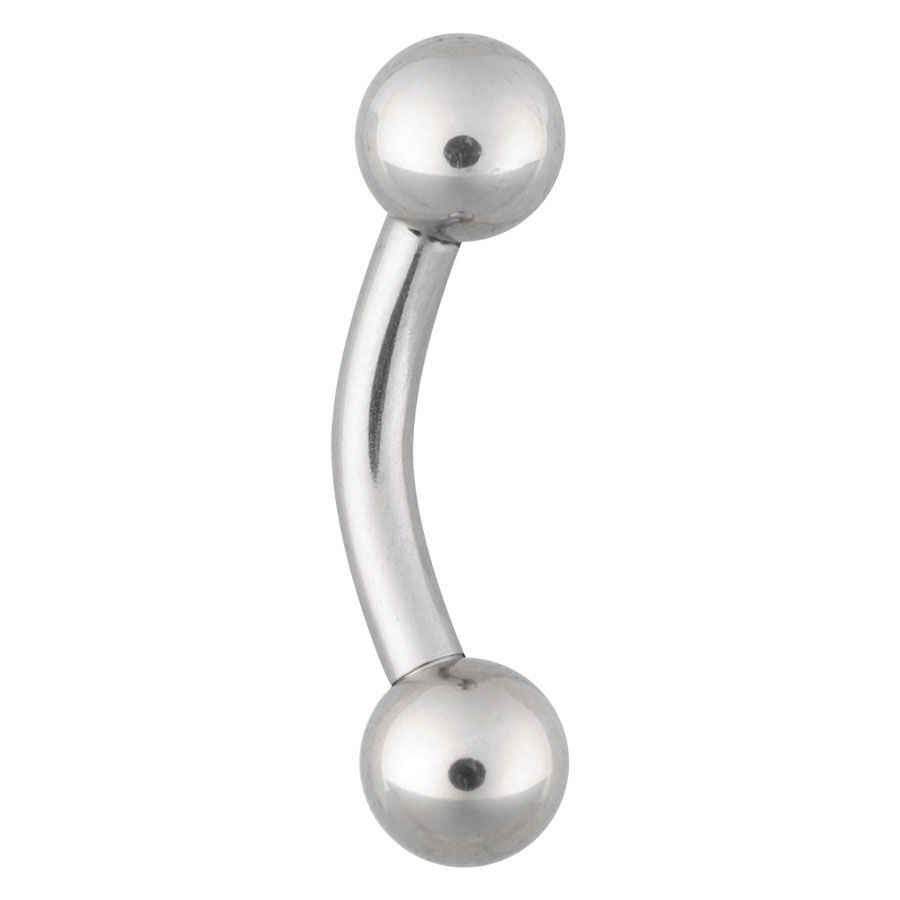 Bananabell curvo in argento con due sfere su sfondo bianco