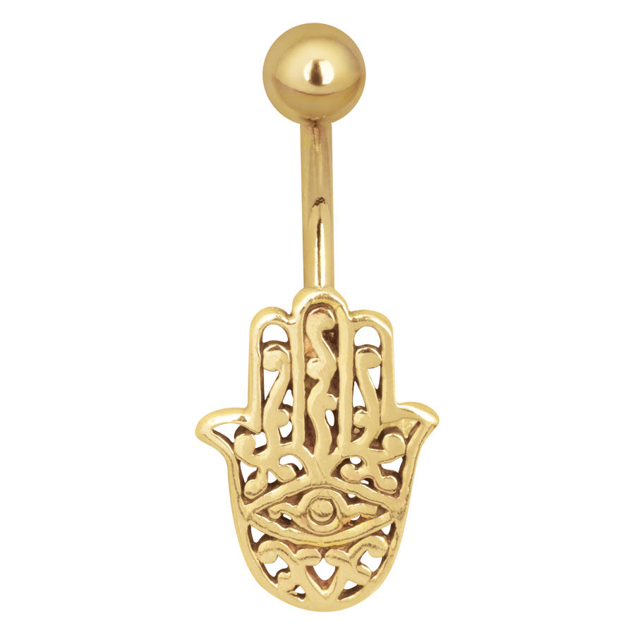 Piercing ombelico dorato a forma di Chamsa su sfondo bianco