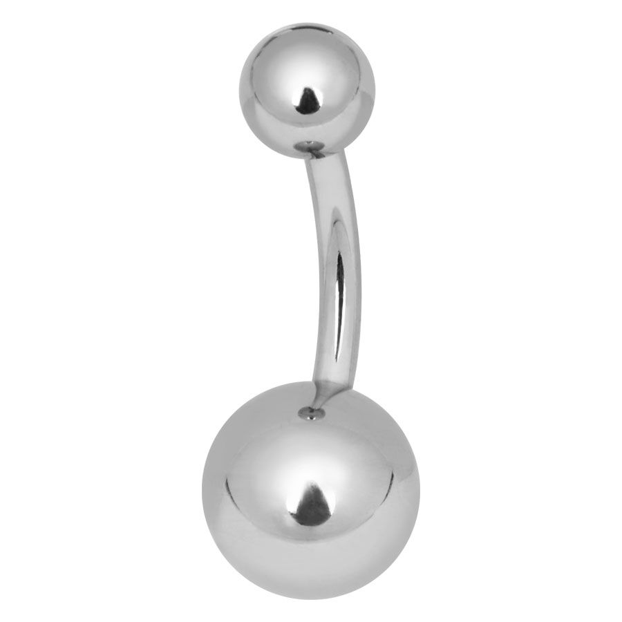 Bananabell piercing ombelico in titanio argento con due sfere su sfondo bianco