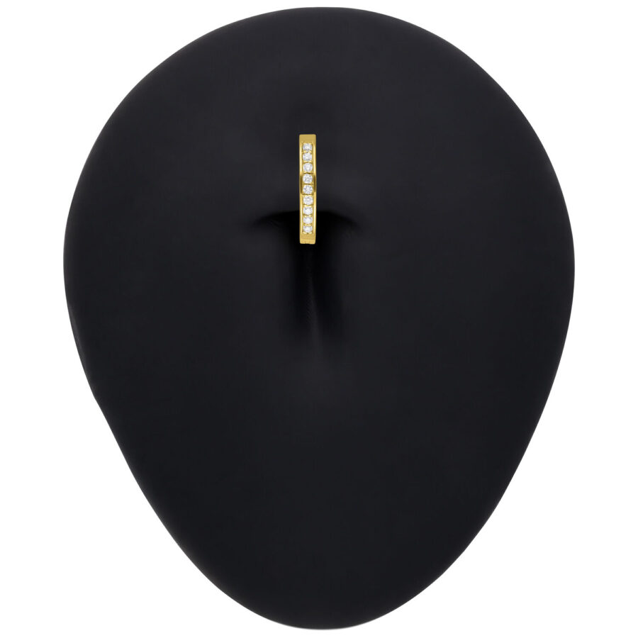 Clicker per ombelico in oro con cristalli di moissanite su sfondo nero