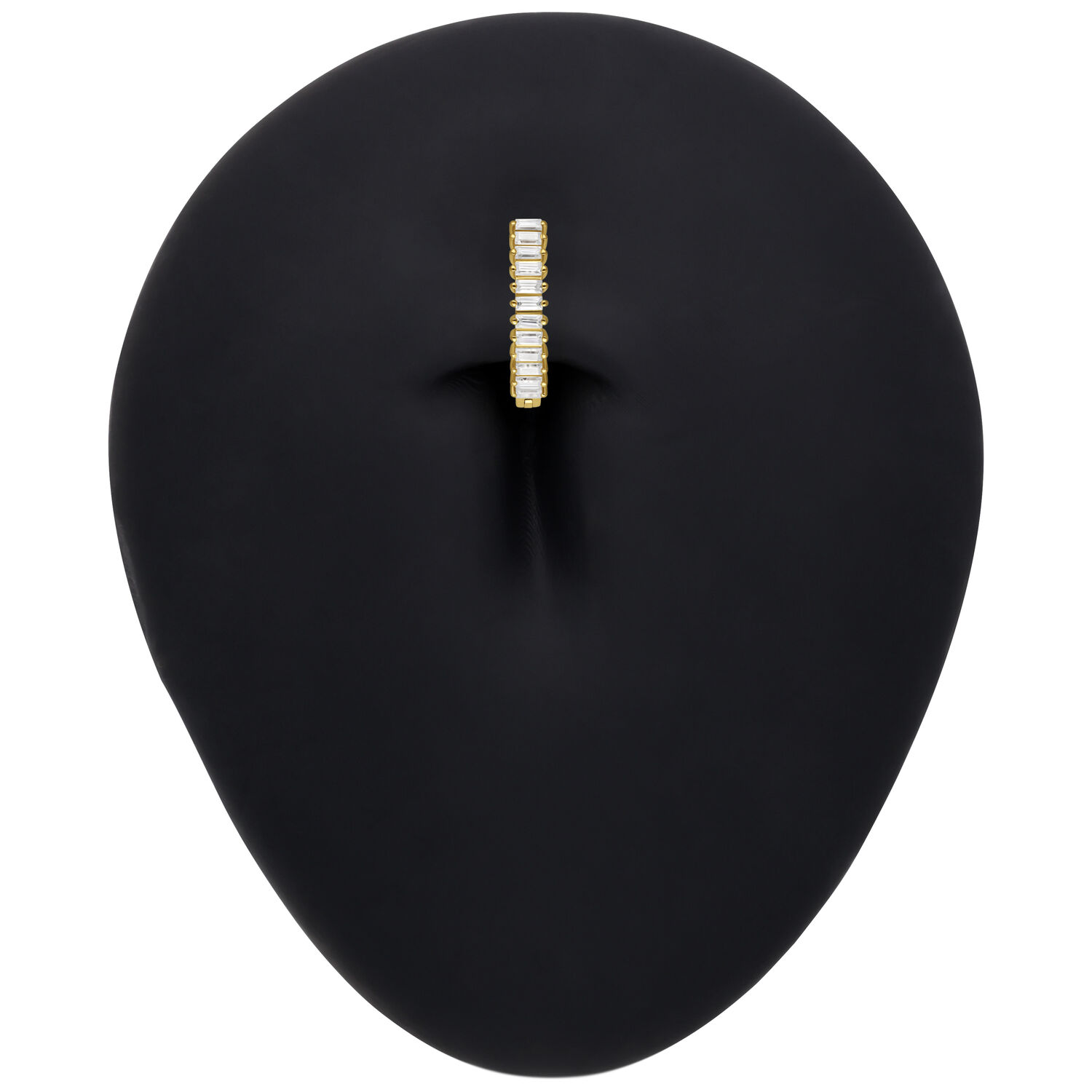 Clicker per ombelico in oro con baguette di moissanite su sfondo nero