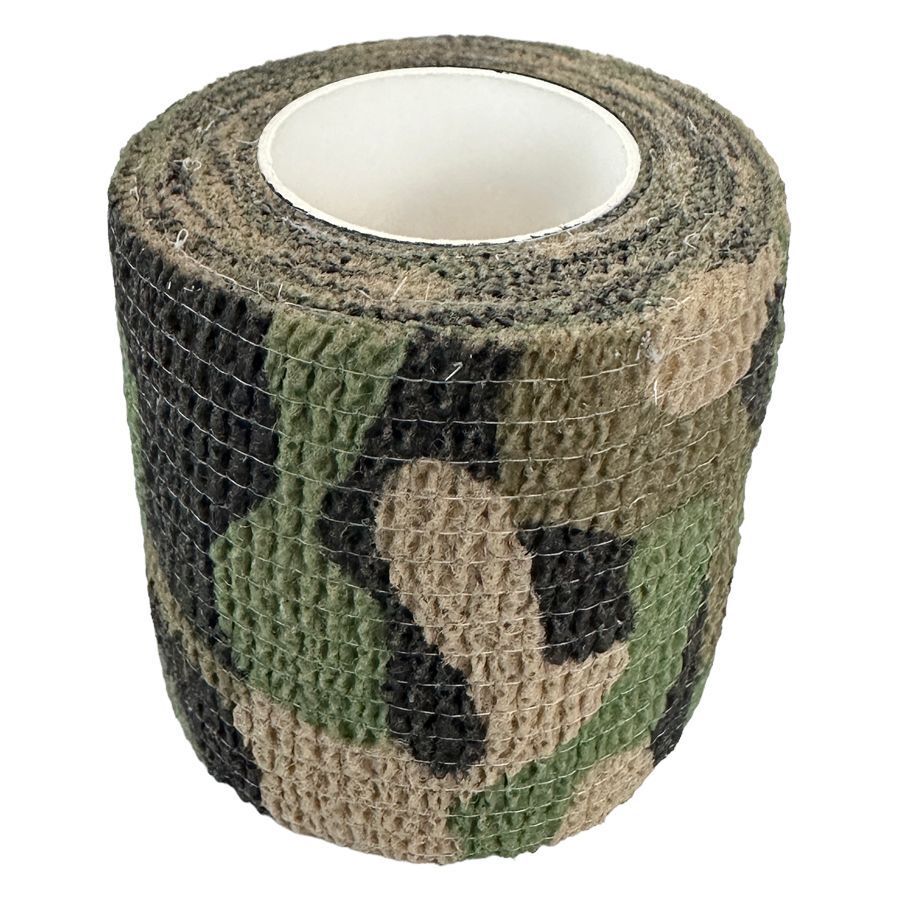 Rotolo di benda grip con motivo camouflage, verde scuro e marrone, su sfondo bianco