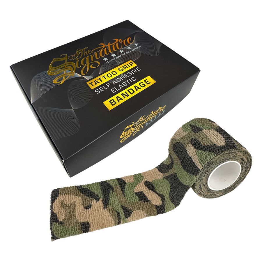 Benda Grip Camouflage accanto a confezione nera con scritta gialla