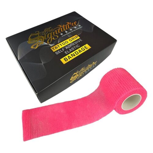 Benda Grip rosa su sfondo bianco accanto a una scatola nera