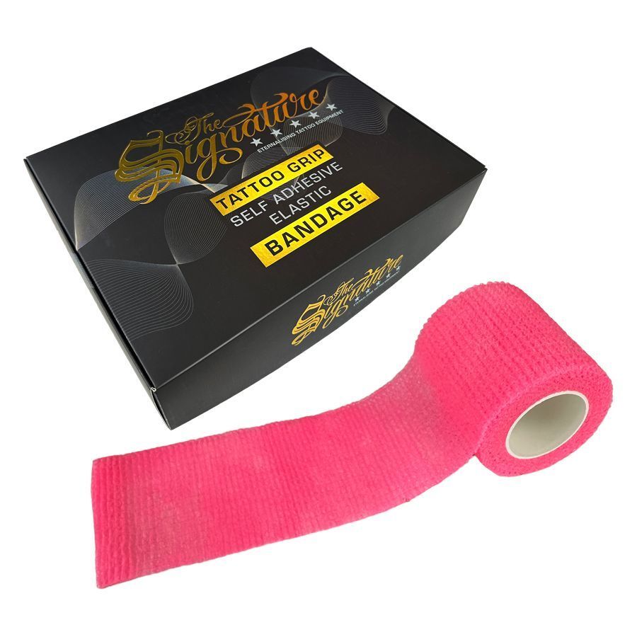 Benda Grip rosa su sfondo bianco accanto a una scatola nera