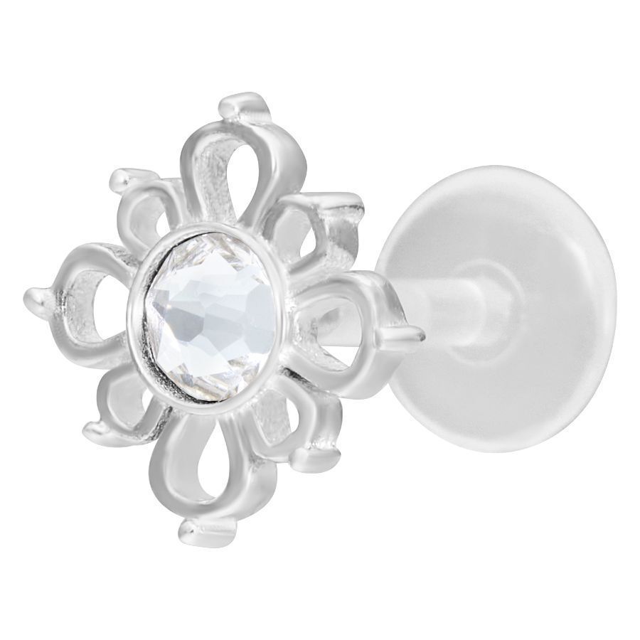 Labret Oriental Sun in argento con cristallo chiaro su sfondo bianco