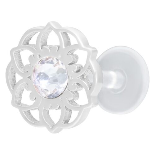 Labret argento con forma di fiore Mandala e cristallo chiaro su sfondo bianco