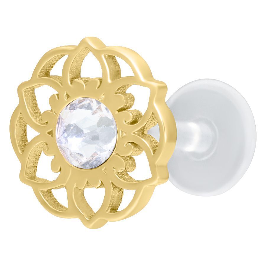 Labret Fiore Mandala Dorato con cristallo chiaro su sfondo bianco