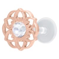 Mandala Flower Push-Fit Labret oro rosa con pietra cristallina su sfondo bianco