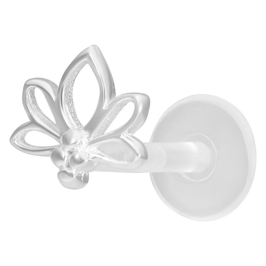 Piercing Labret Lotus in argento con Push-Fit su sfondo bianco