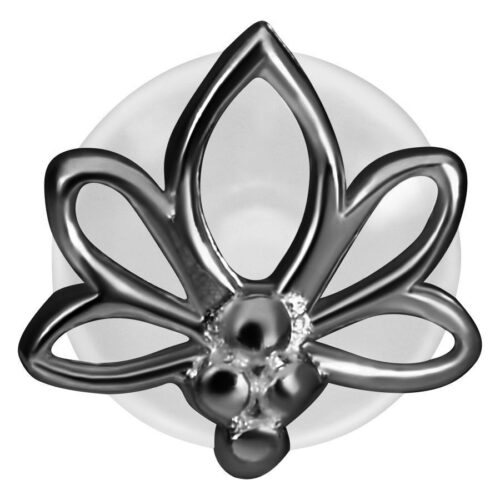 Labret Piercing Nero Lotus con Push-Fit su sfondo bianco