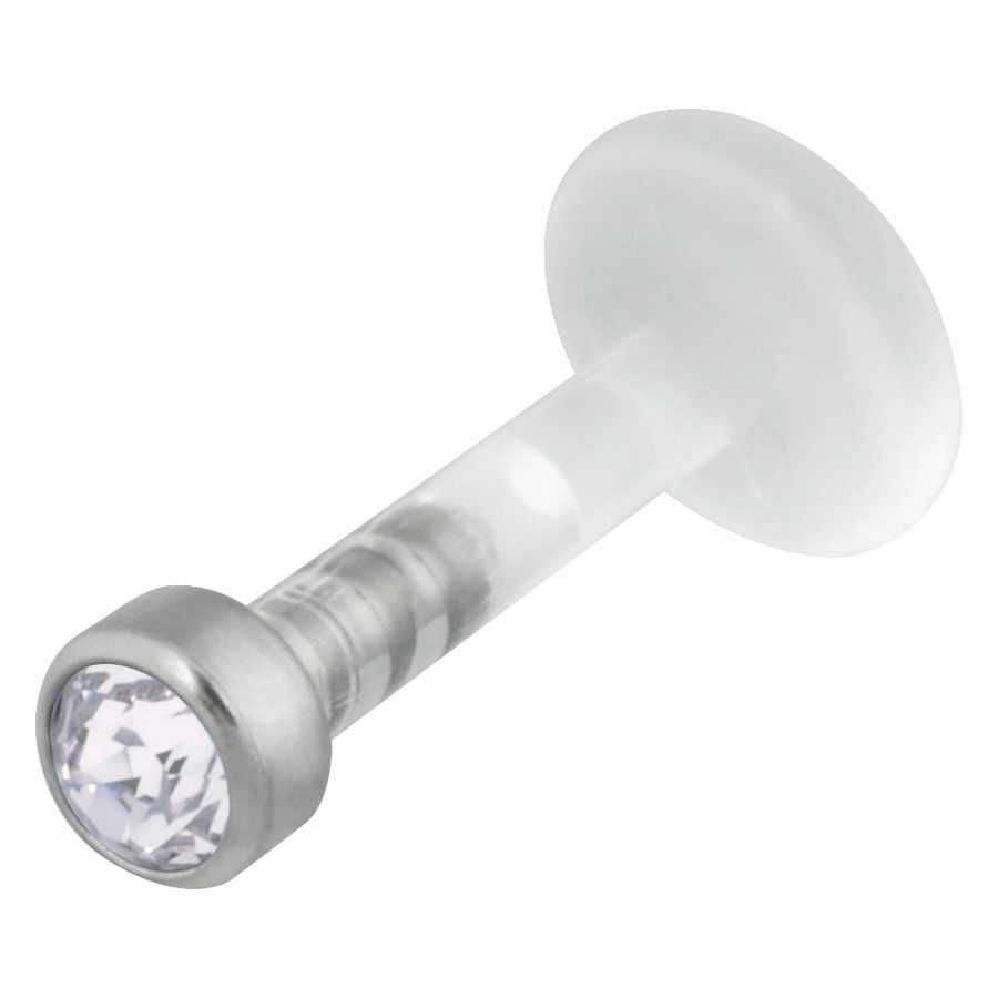 Labret in bioplastica con pietra cristallina e attacco in titanio su sfondo bianco