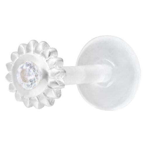 Labret piercing in argento con pietra cristallina su sfondo bianco