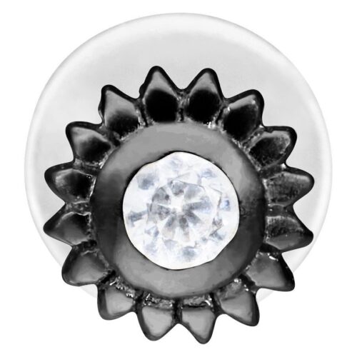 Labret nero con design a forma di fiore e cristallo chiaro su sfondo bianco