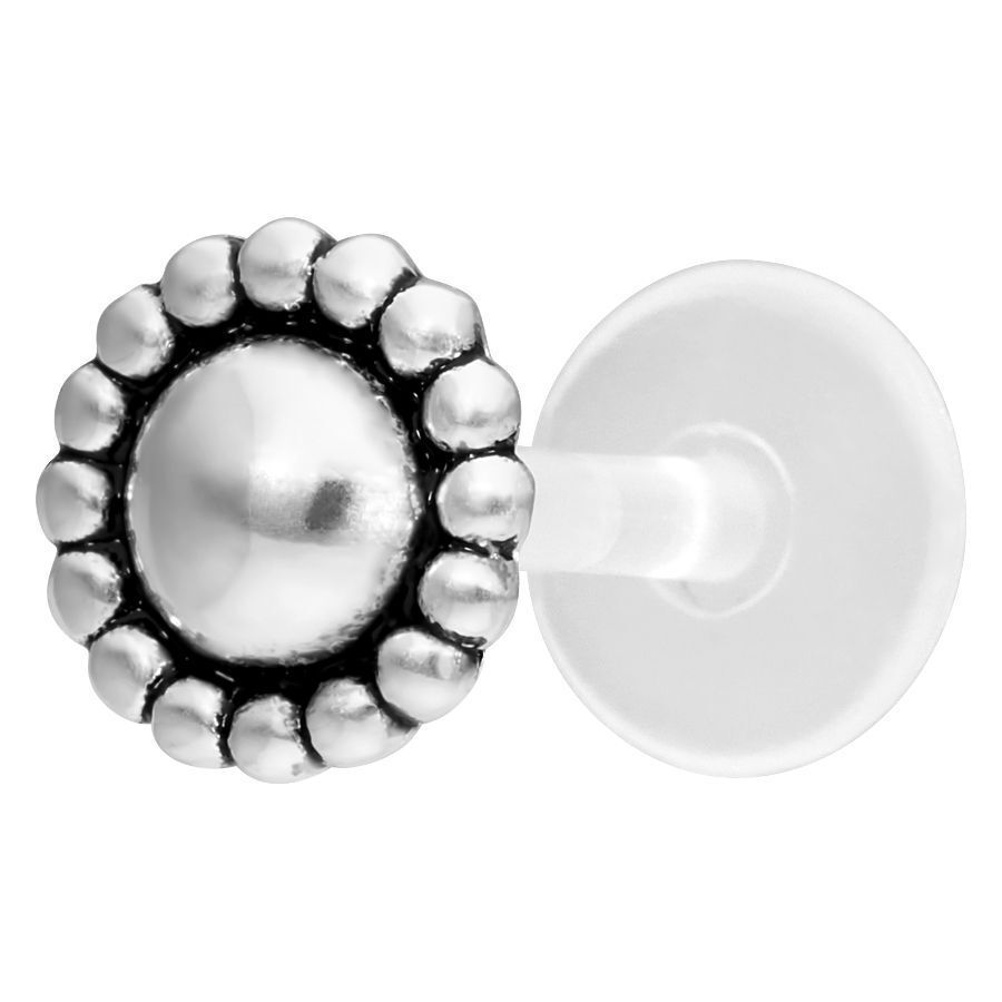 Labret Push-Fit in argento con design rotondo su sfondo bianco