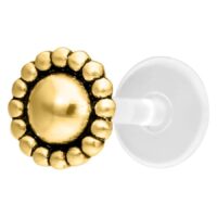 Labret Push-Fit Piercing dorato con decorazione rotonda su sfondo bianco