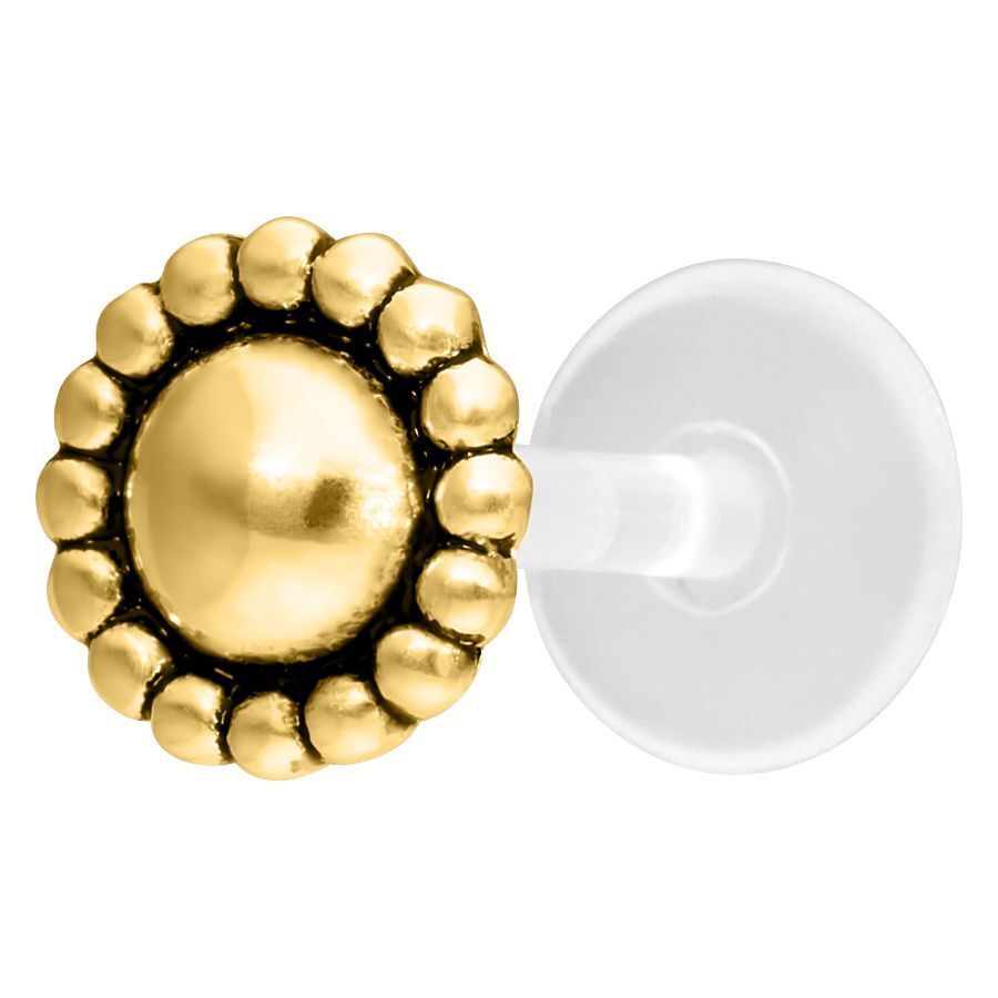 Labret Push-Fit Piercing dorato con decorazione rotonda su sfondo bianco