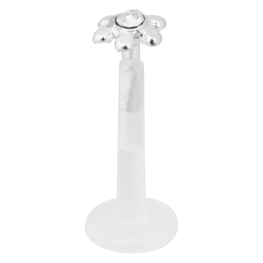 Labret a fiore in argento con cristallo chiaro su sfondo bianco