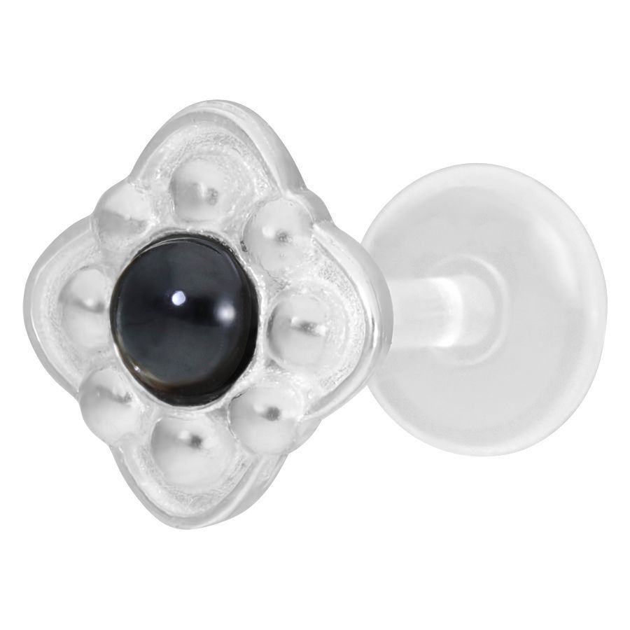 Labret Push-Fit in argento con pietra nera su sfondo bianco