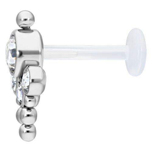 Bindi Push-fit Labret in titanio e bioplastica con cristallo chiaro su sfondo bianco