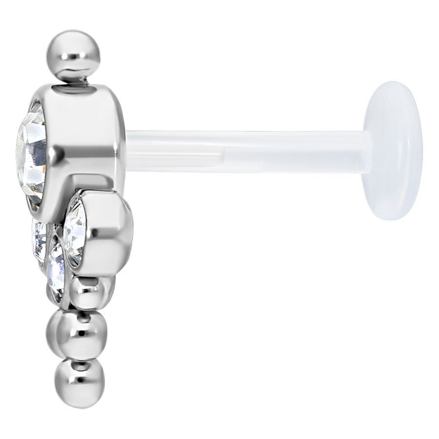 Bindi Push-fit Labret in titanio e bioplastica con cristallo chiaro su sfondo bianco