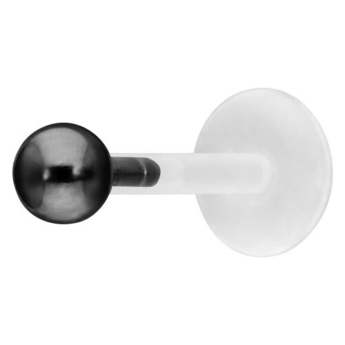 Labret Push-Fit nero con sfera in Bioplast e acciaio su sfondo bianco