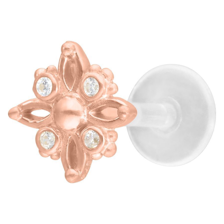 Labret Push-Fit in oro rosa con design a stella e cristalli chiari su sfondo bianco