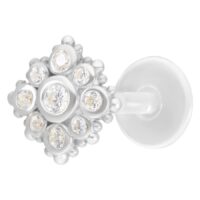 Labret Push-Fit argento con pietre cristalline su sfondo bianco