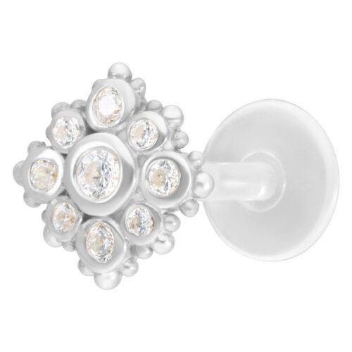 Labret Push-Fit argento con pietre cristalline su sfondo bianco