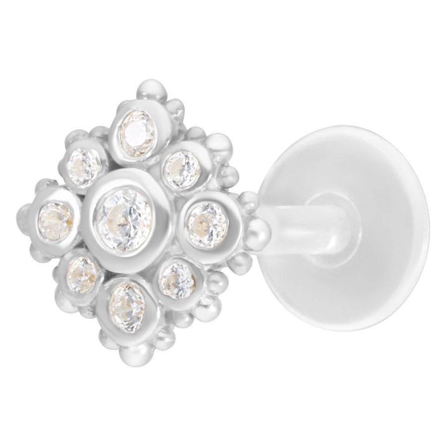 Labret Push-Fit argento con pietre cristalline su sfondo bianco