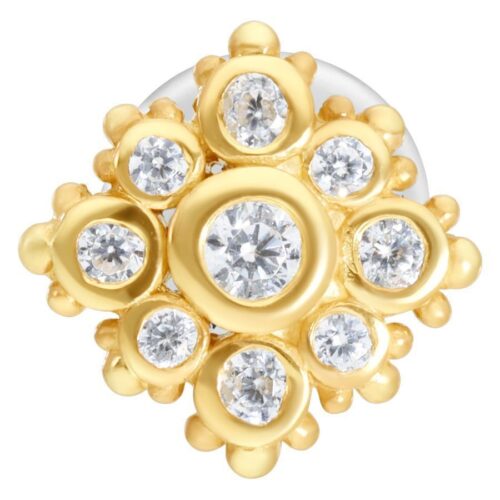 Labret dorato con cristalli chiari su sfondo bianco